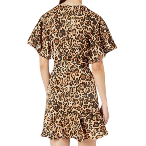 BB Dakota Womens Leopard Print Ruffle Wrap Mini Dress Flutter Sleeve Belted - Picture 2 of 16